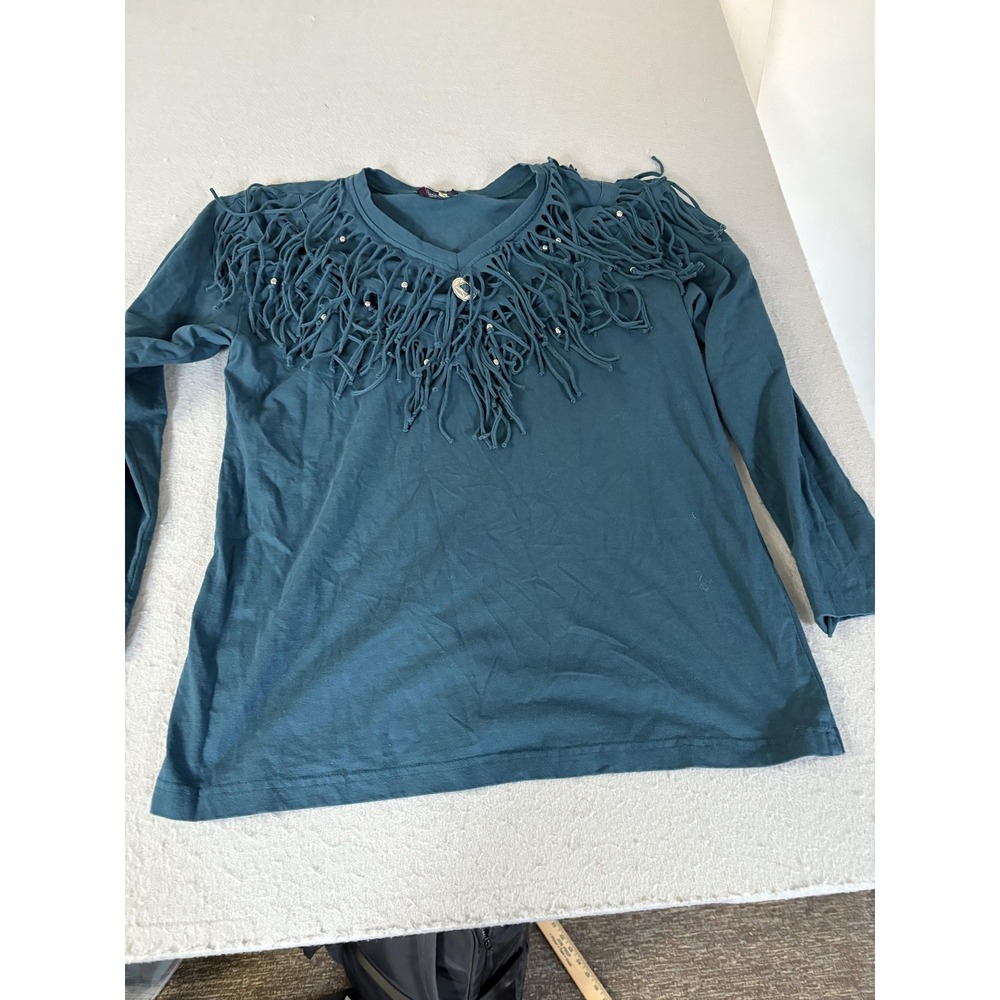 BONNIE Shirt Womens Medium Green Fringe Studded V-Neck Long Sleeve Western